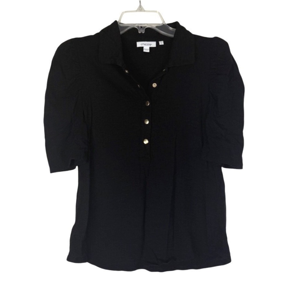 Chico's Cotton Blend Puff Sleeve Collared Tee Button Front Size Med Black